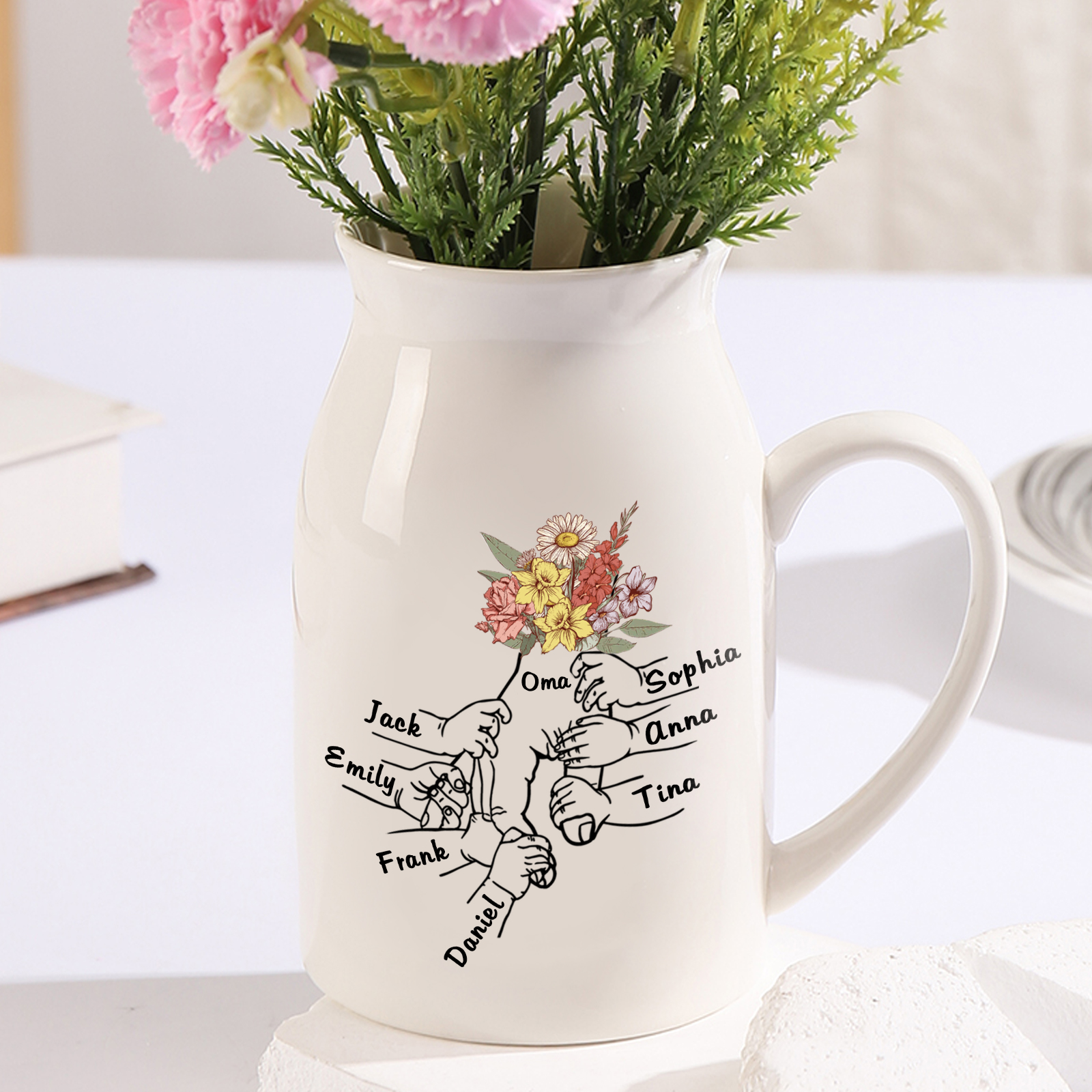 Personalisierte 7 Namen & Text Bunte Blumen Hand in Hand Familie Vase