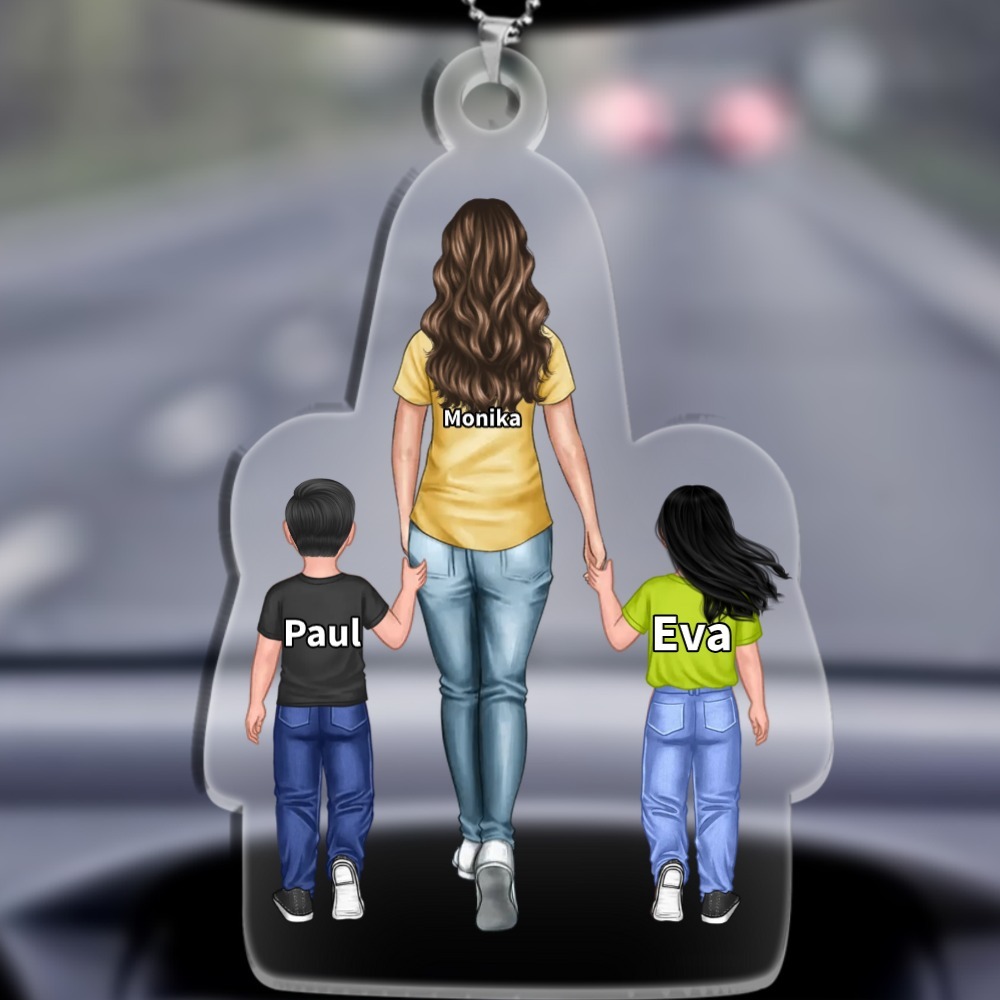 Personalisierte 1 - 9 Namen Acryl Ornament/Schlüsselanhänger mit Schlüsselring Mama oder Papa mit Kindern