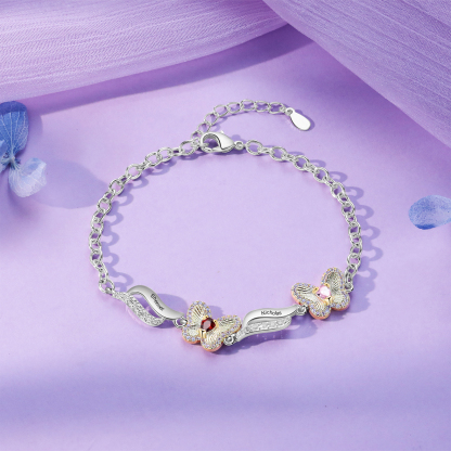 Personalisierte 2 Namen & 2 Geburtssteine Schmetterling Armband mit Zirkonia