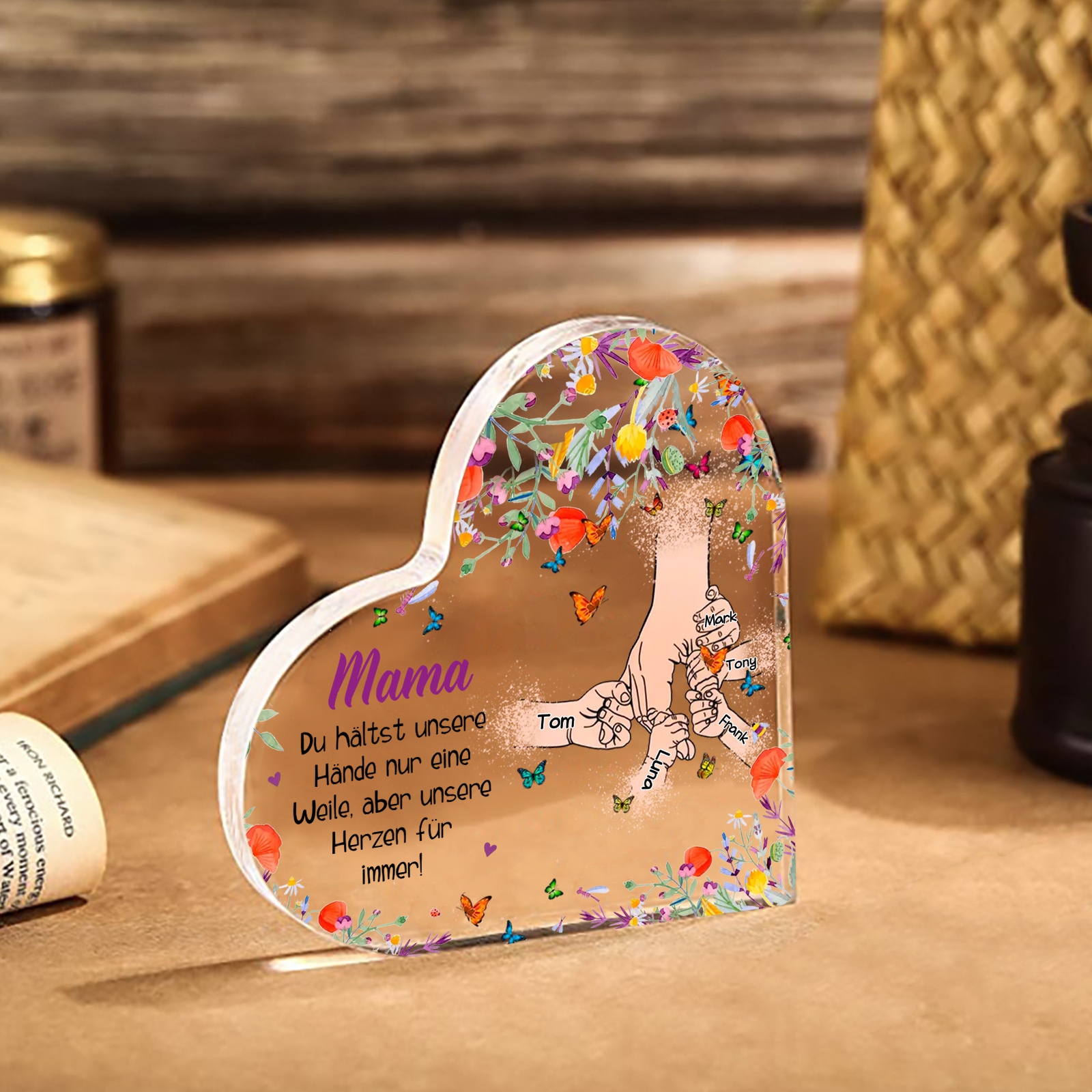 Personalisierte 5 Namen Herz Acryl-Deko -Mama Du hältst mein Hand nur eine Weile, aber unsere Herzen für immer- Schreibtischdekoration für Mutter