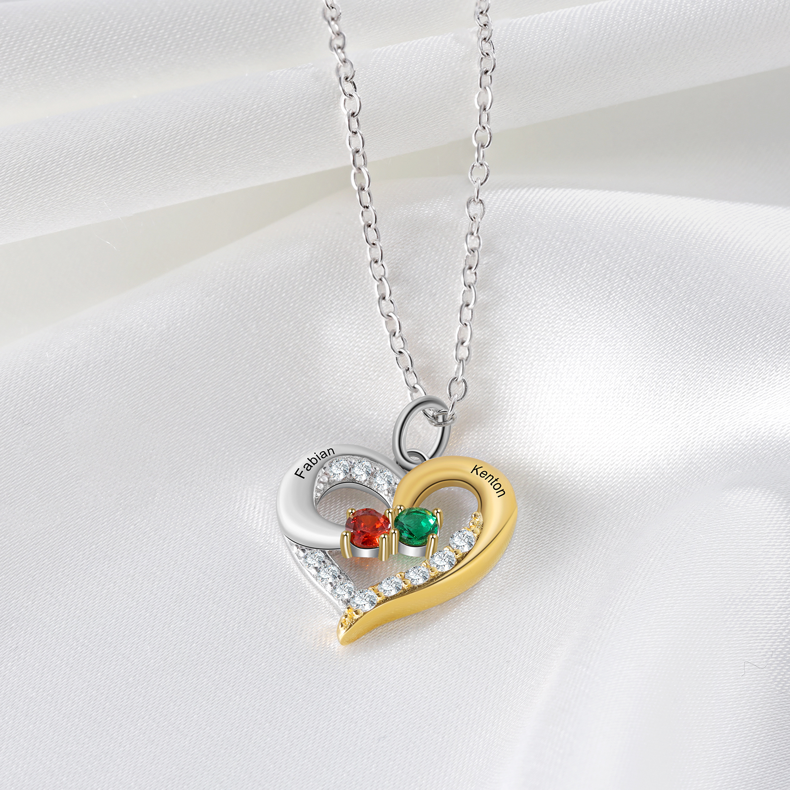 S925 Silber Gravur 2 Namen Herz Halskette mit 2 Geburtssteinen