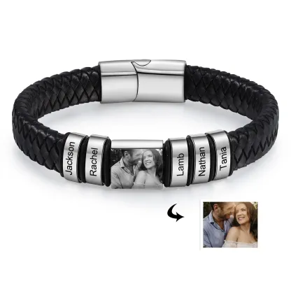 Herren Personalisierte 2-5 Namen & Foto Geflochtenes Leder Armband