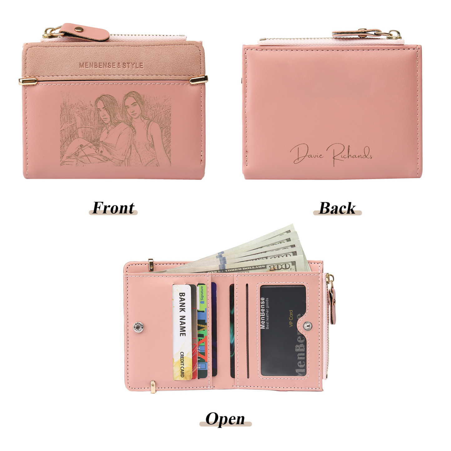Damen Personalisierter Text & Foto PU Leder Rosa Geldbörse Elegant Portemonnaie mit Reißverschluss