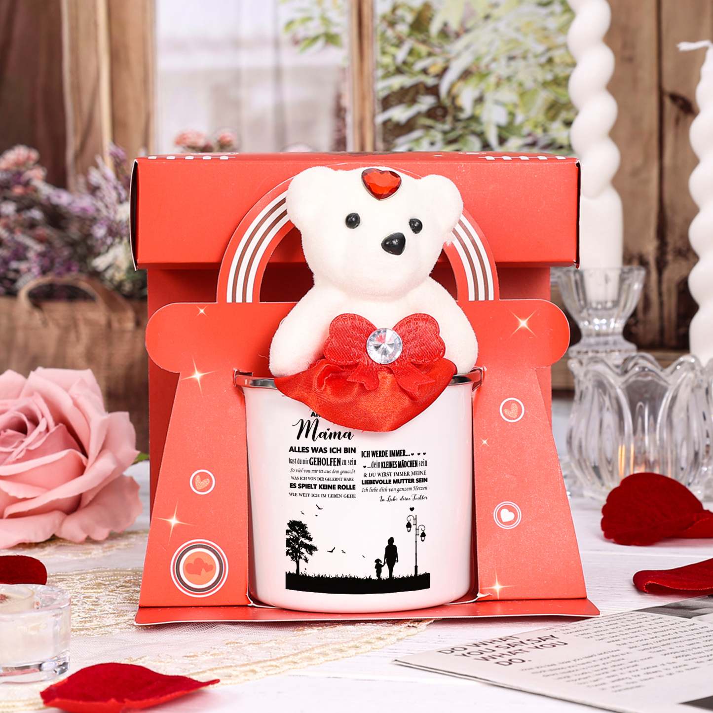 Emaille Tasse Geschenkpackung mit Bären Spielzeug- An meine Mutter Ich liebe dich von ganzem Herzen -Emaille Becher-Geschenk für Mutter