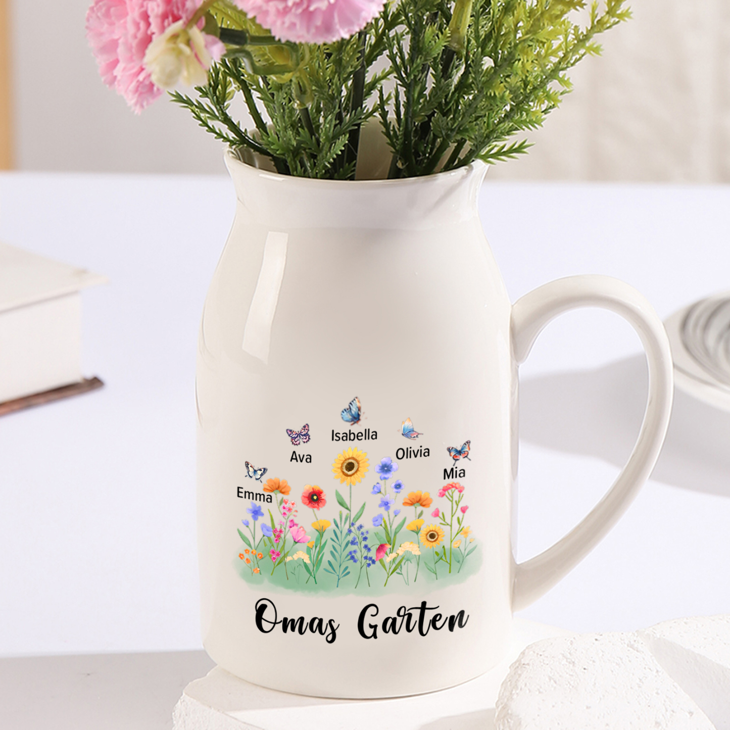 Personalisierte 5 Namen & Text Blumen & Schmetterling Familie Vase