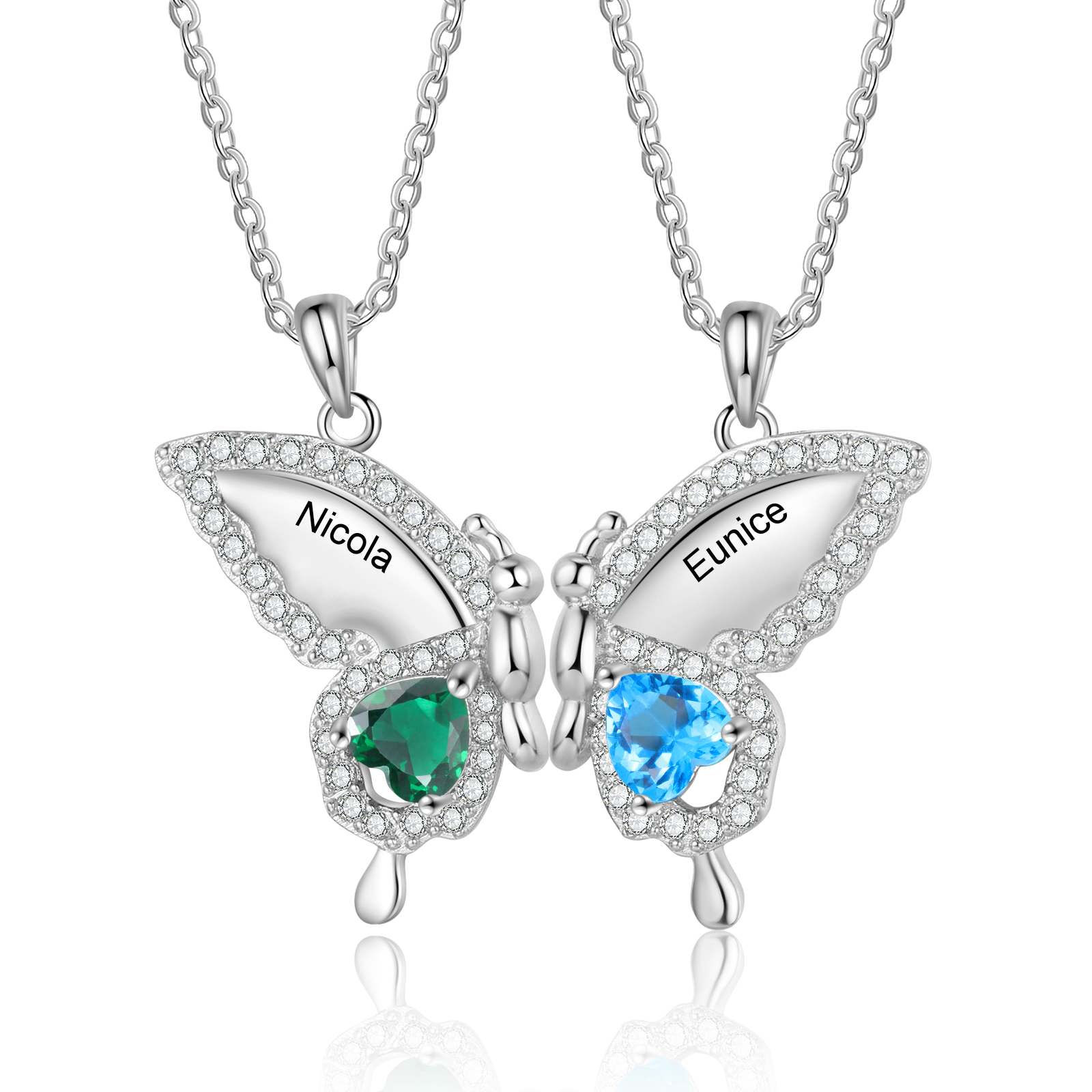 Personalisierte 2 Namen & Geburtssteine Schmetterling Halskette Freundschaft Halsketten Set