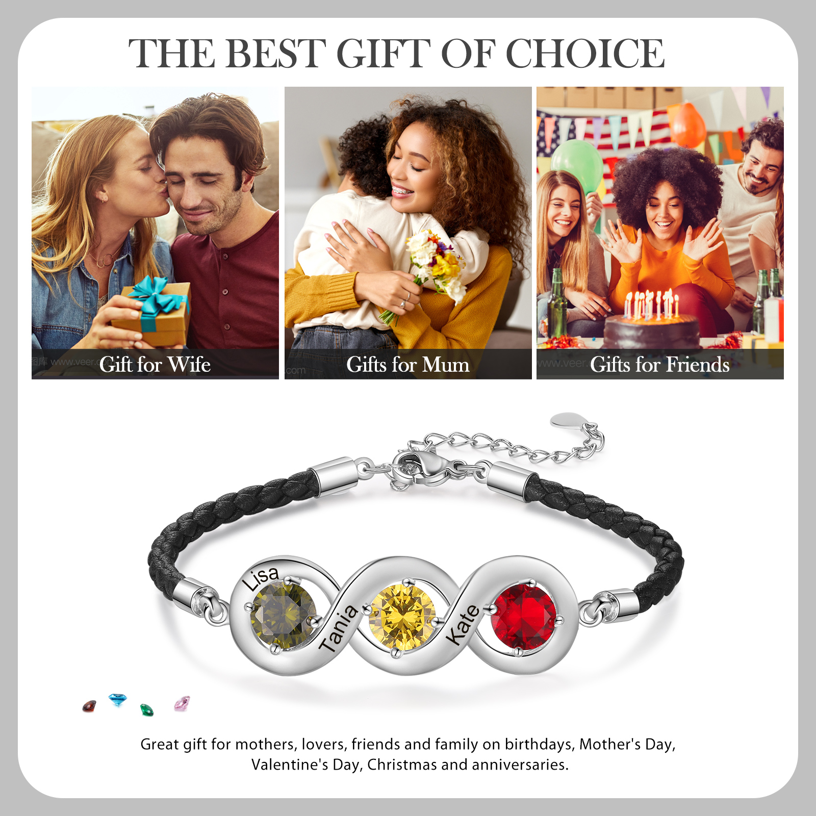 Personalisierte 3 Namen & 3 Geburtssteine Infinity Handseil Armband