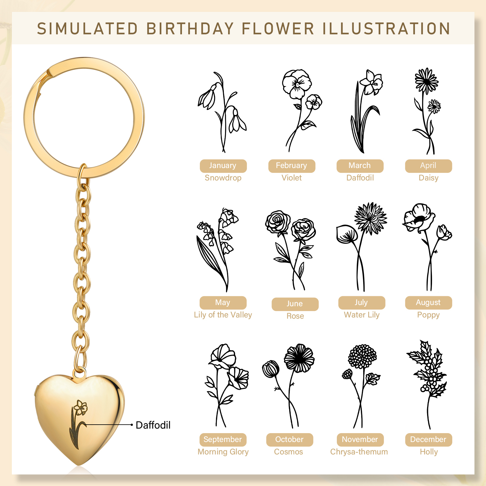 Personalisierte 2 Fotos & Geburtsblume Herz Schlüsselanhänger-Geburtsblume Serie 