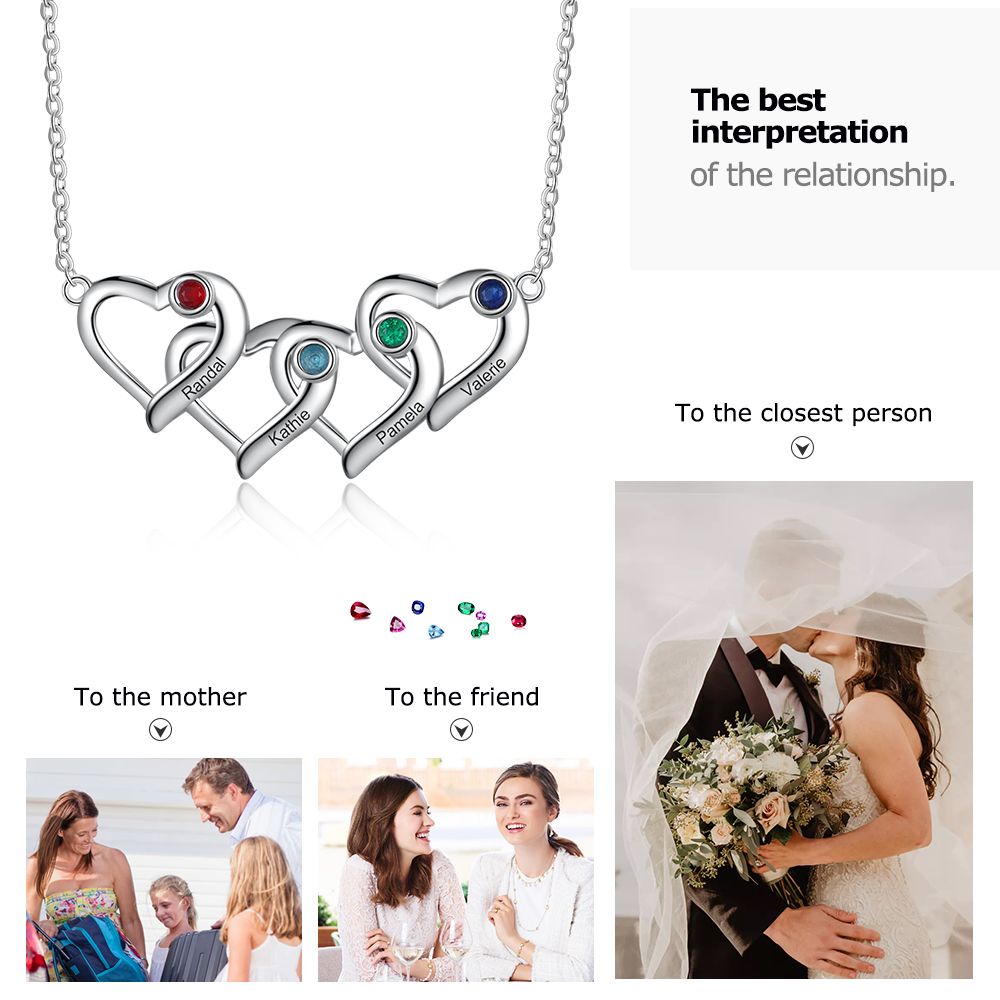 Personalisierte herzförmige Halskette, geschnitzt mit 4 Namen und 4 Geburtstagssteinen