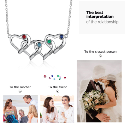 Personalisierte herzförmige Halskette, geschnitzt mit 4 Namen und 4 Geburtstagssteinen