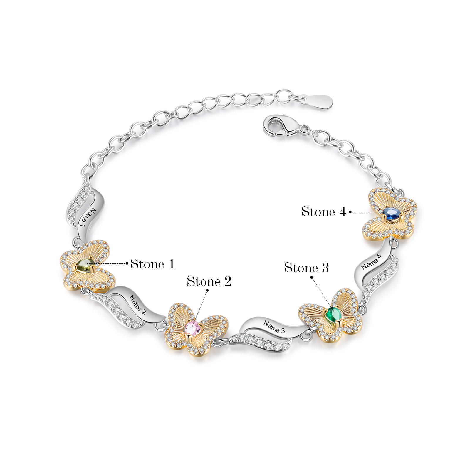 Personalisierte 4 Namen & 4 Geburtssteine Schmetterling Armband mit Zirkonia