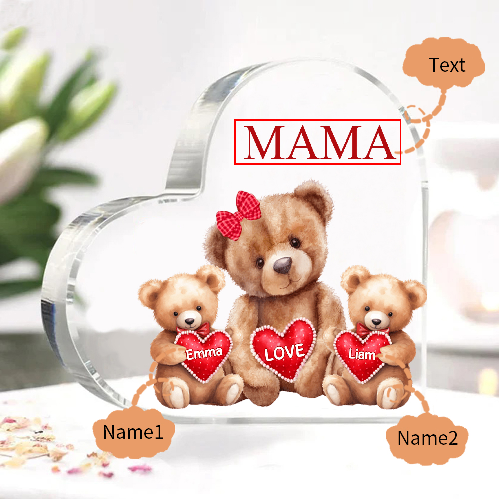 Personalisierte 2 Namen & Text Teddybär Familie Acryl-Deko Schreibtischdekoration für Mutter