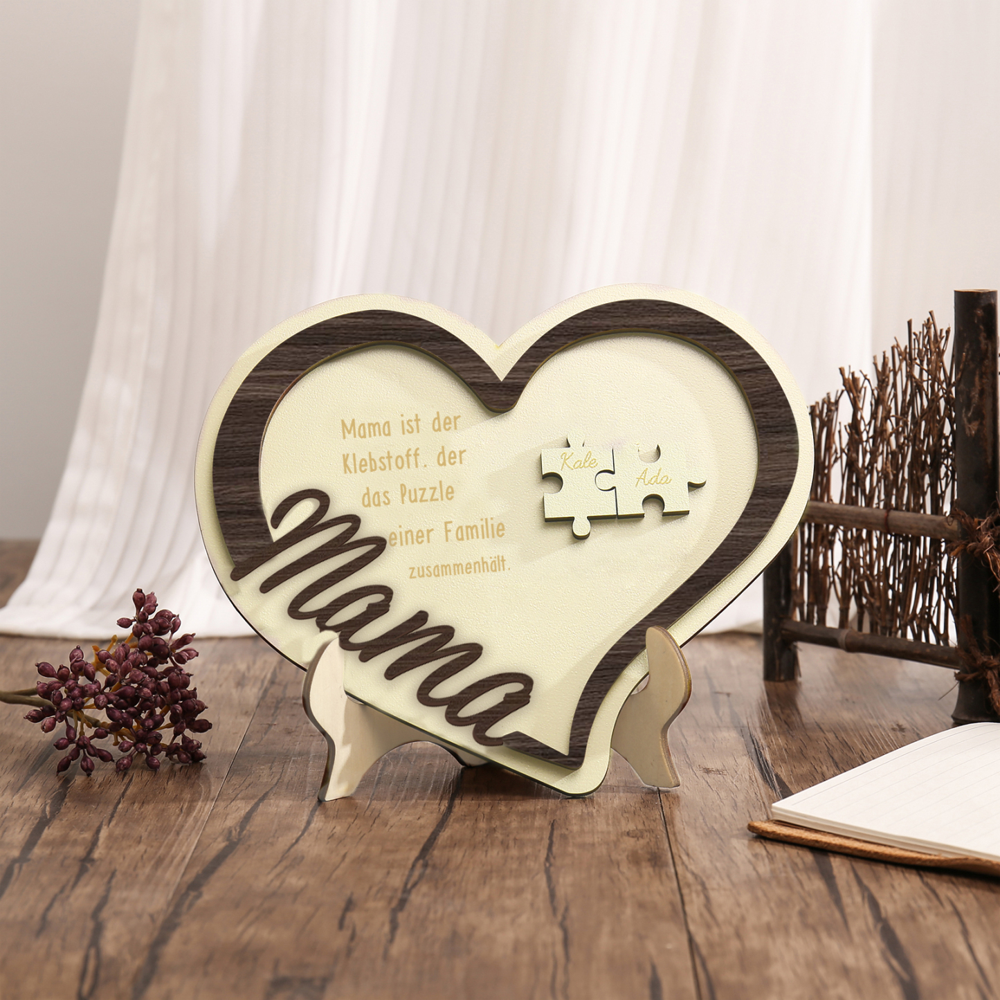 Holz Deko-Personalisierbare 2 Namen Ornament -Mama ist der Klebstoff. der das Puzzle einer Familie zusammenhält- Herz Holzdekoration für Mutter