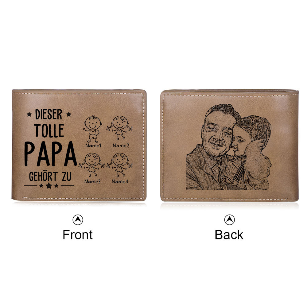 Personalisierte 4 Namen & Foto-Dieser tolle Papa gehört  PU Leder Kurze Geldbörse für Vater
