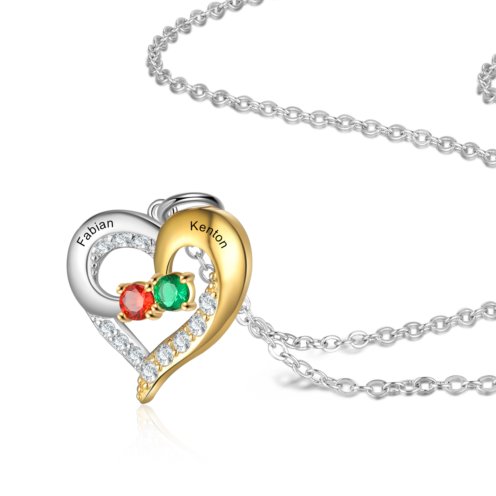 S925 Silber Gravur 2 Namen Herz Halskette mit 2 Geburtssteinen