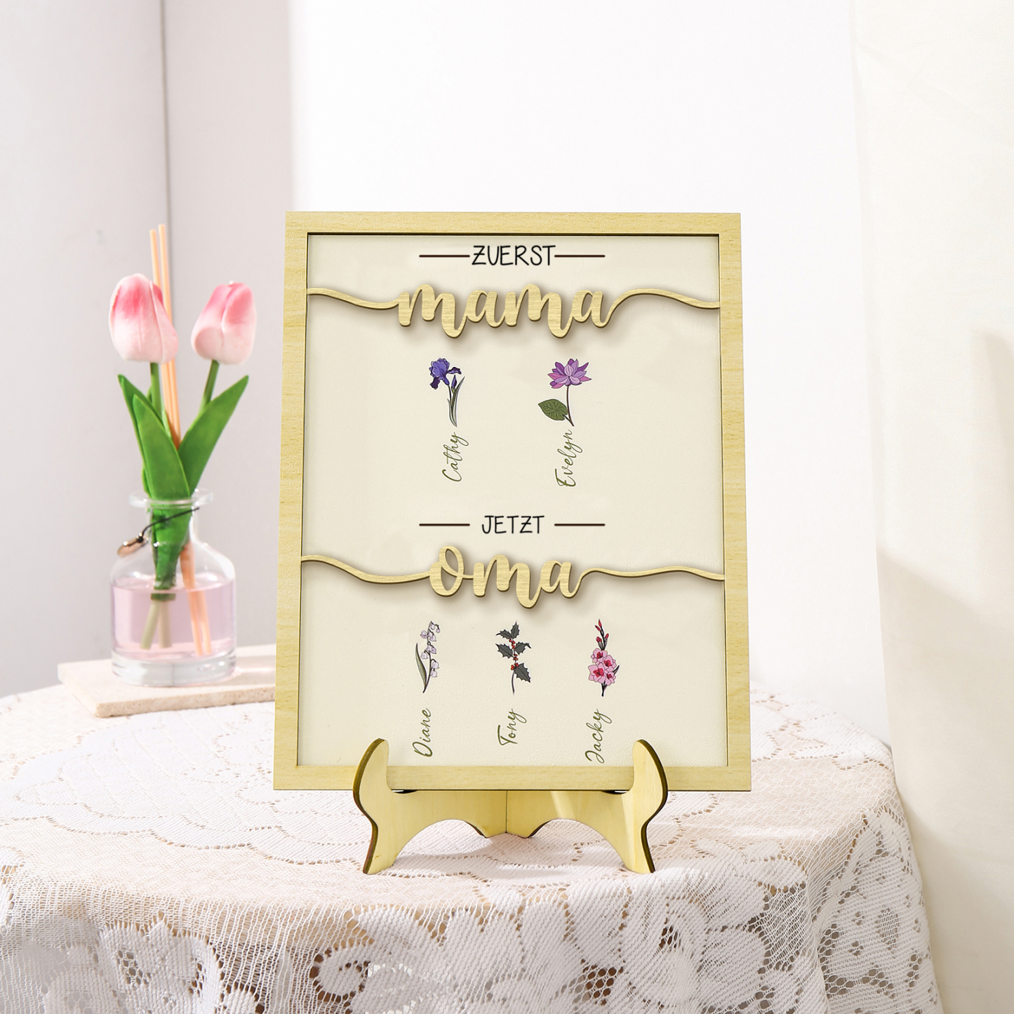 Holz Deko-Personalisierbare 5 Namen & Geburtsblume Ornament Zuerst Mama Jetzt Oma Holzdekoration für Mutter/Großmutter