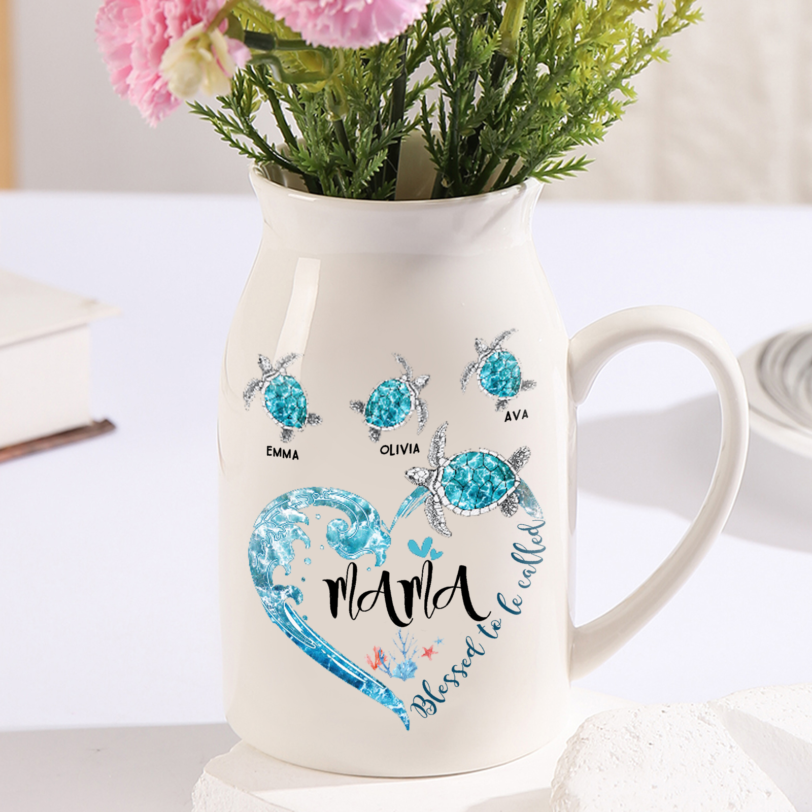 Personalisierte 3 Namen & Text Meeresschildkröte Familie Vase