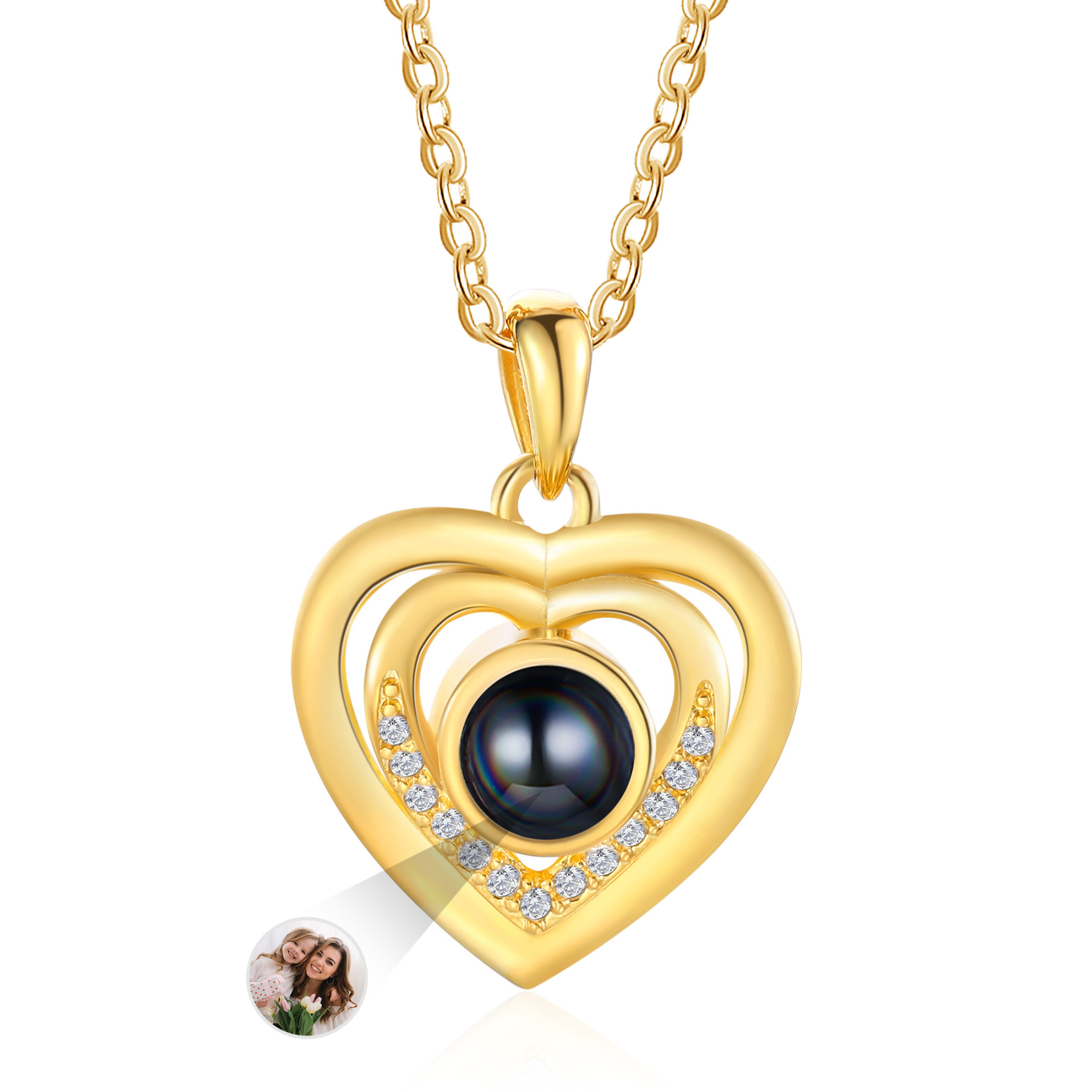 Personalisiertes Foto Projektion konzentrische Herzen Golden Halskette mit Zirkonia