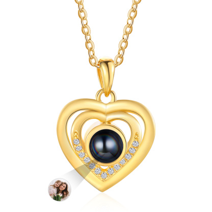 Personalisiertes Foto Projektion konzentrische Herzen Golden Halskette mit Zirkonia