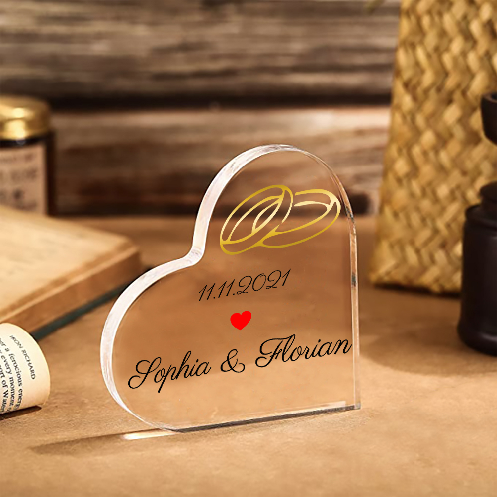 Personalisierte 1 Text Acryl-Deko Paar Ringe Schreibtischdekoration Hochzeitstag Geschenk für Paar