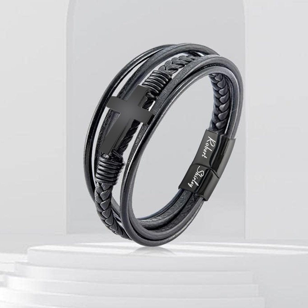 Herren Armband-Personalisiertes 2 Namen Leder Kreuz Kommunion Armband 