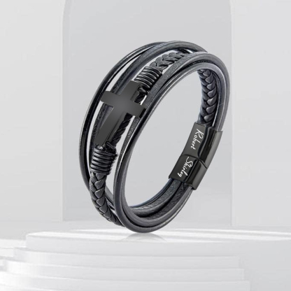 Herren Armband-Personalisiertes 2 Namen Leder Kreuz Kommunion Armband 