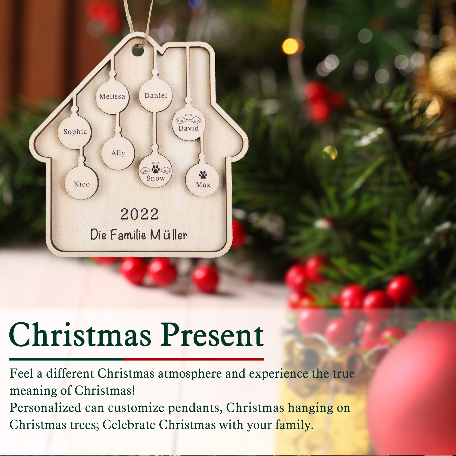 Holz Weihnachtsornament-Personalisiertes 8 Namen Text Jahr Haus Ornament Anhänger 