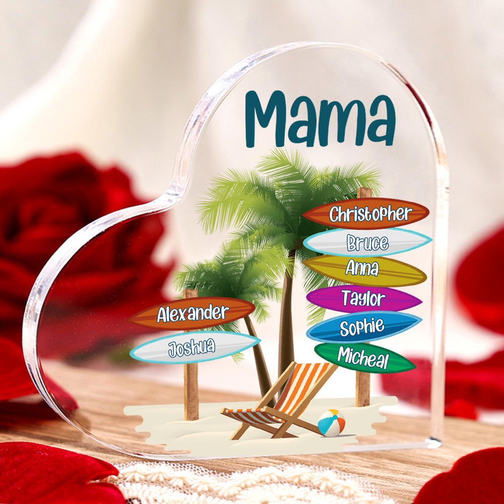 Personalisierte 8 Namen & Text Familie Strand Kokosnussbaum Acryl-Deko Schreibtischdekoration für Mutter