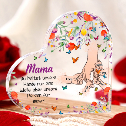 Personalisierte 5 Namen Herz Acryl-Deko Teddybär & Herzballon -Mama Du hältst mein Hand nur eine Weile, aber unsere Herzen für immer- Schreibtischdekoration für Mutter