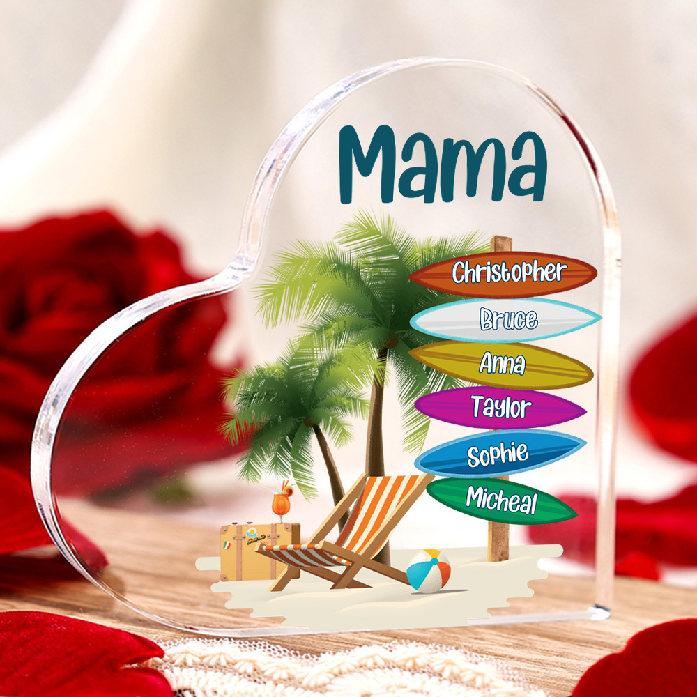 Personalisierte 6 Namen & Text Familie Strand Kokosnussbaum Acryl-Deko Schreibtischdekoration für Mutter