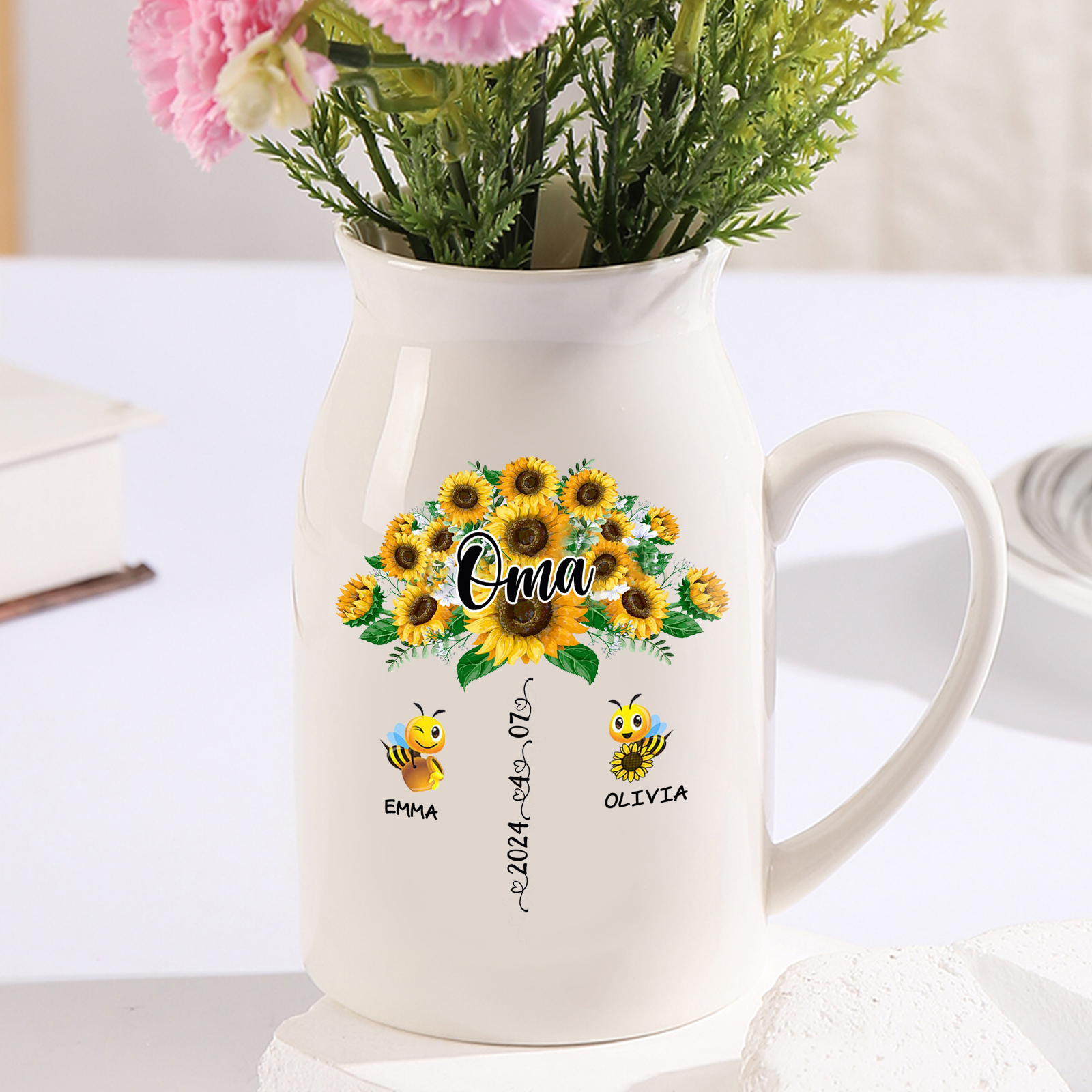 Personalisierte 2 Namen & Text & Datum Sonnenblume & Biene Familie Vase