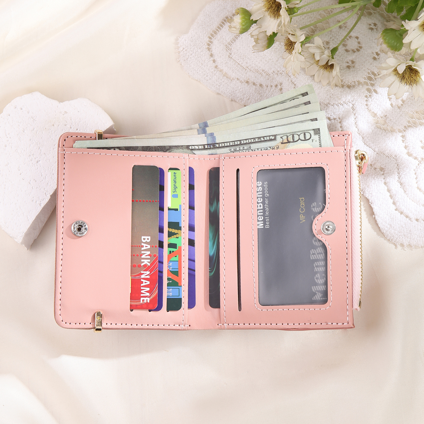 Damen Personalisierter Text & Foto PU Leder Rosa Geldbörse Elegant Portemonnaie mit Reißverschluss