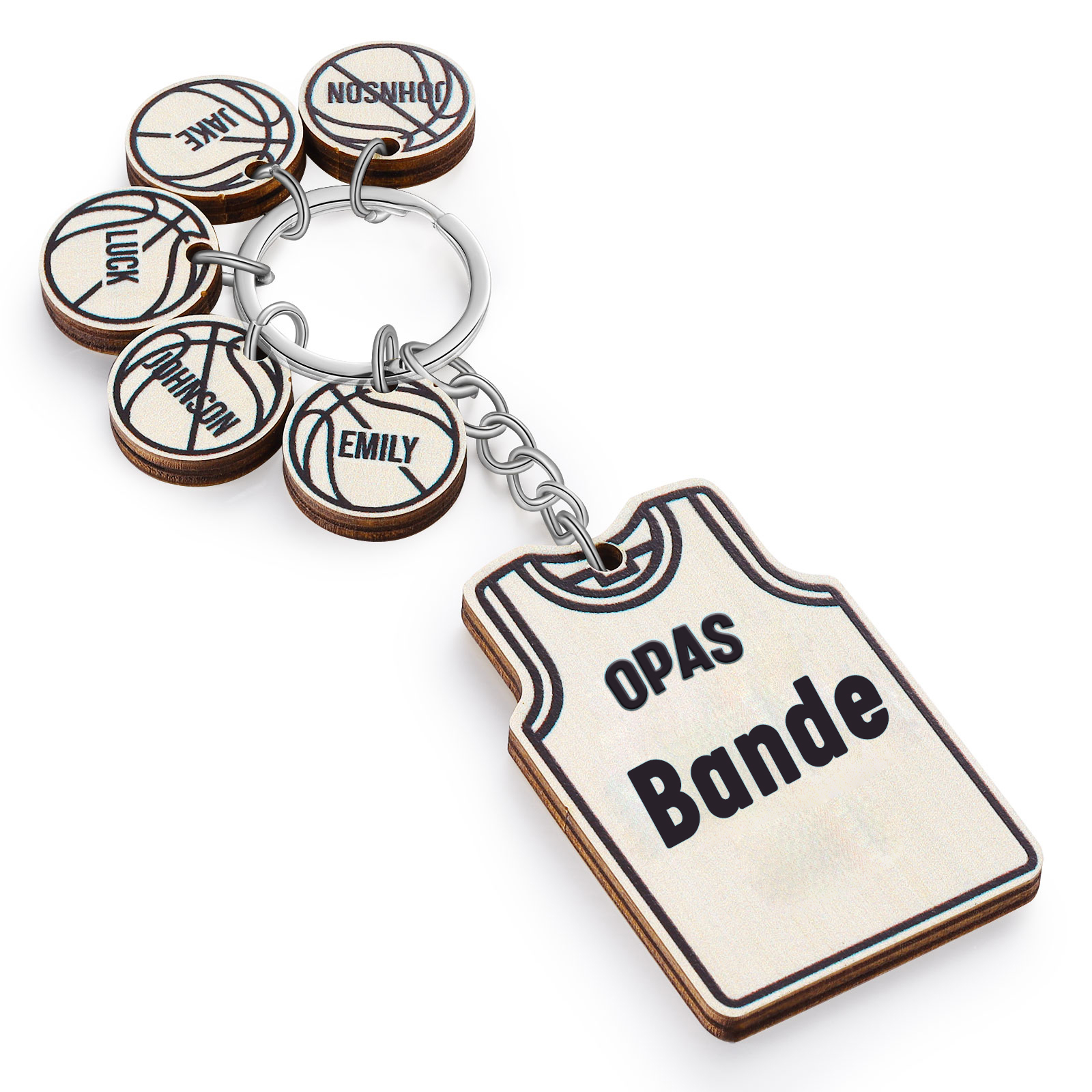 Personalisierter Text & 5 Namen Holz Basketball Schlüsselanhänger