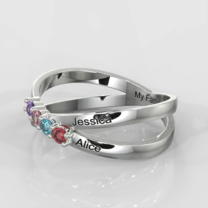 925 Sterling Silber Personalisierter Kreuzring mit 4 Namen und 4 Geburtssteinen