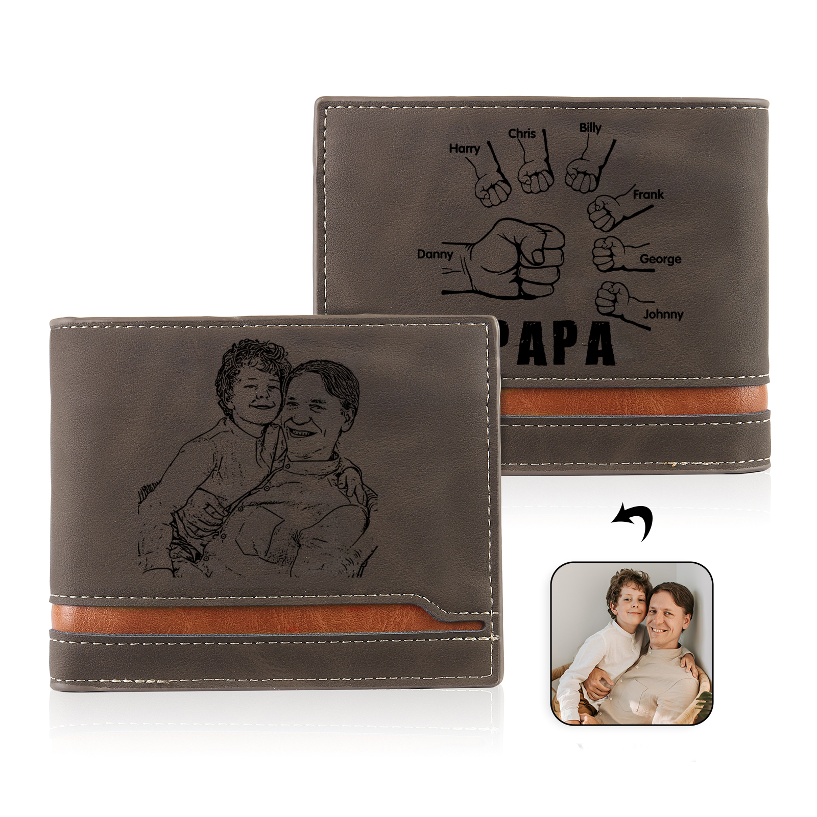 Herren Personalisierte 7 Namen & Foto Leder Papa und Kind Faust Geldbörse Geschenk für Vater