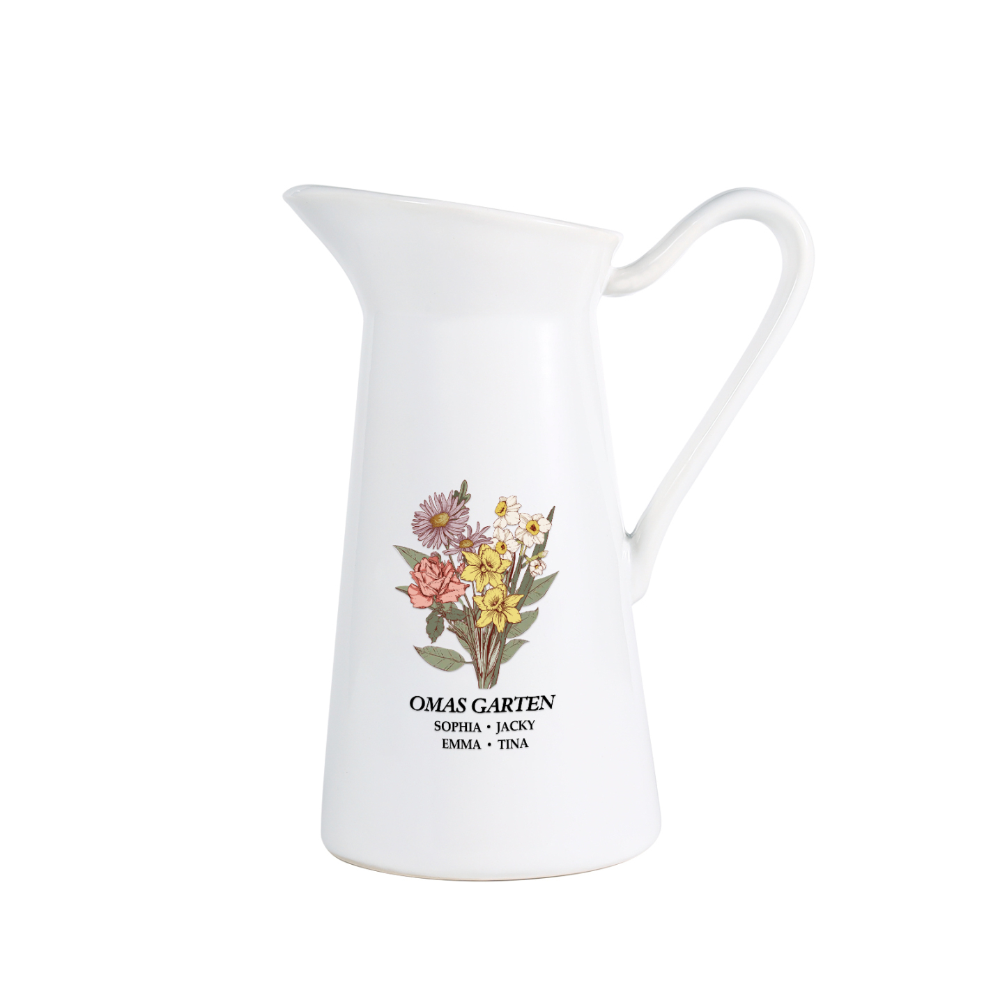 Personalisierte 4 Namen & Geburtsblumen & Text Gießvase mit Henkel Familie Vase