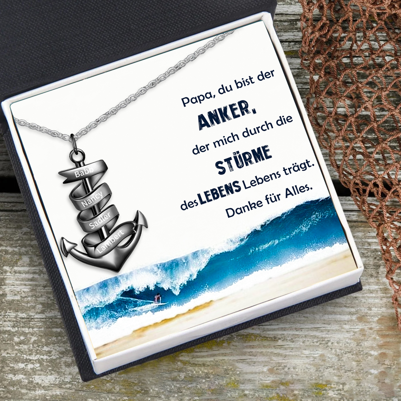 925 Sterling Silber Personalisierte 4 Namen Anker Halskette für Vater -Geschenk mit Meer Nachrichtenkarte