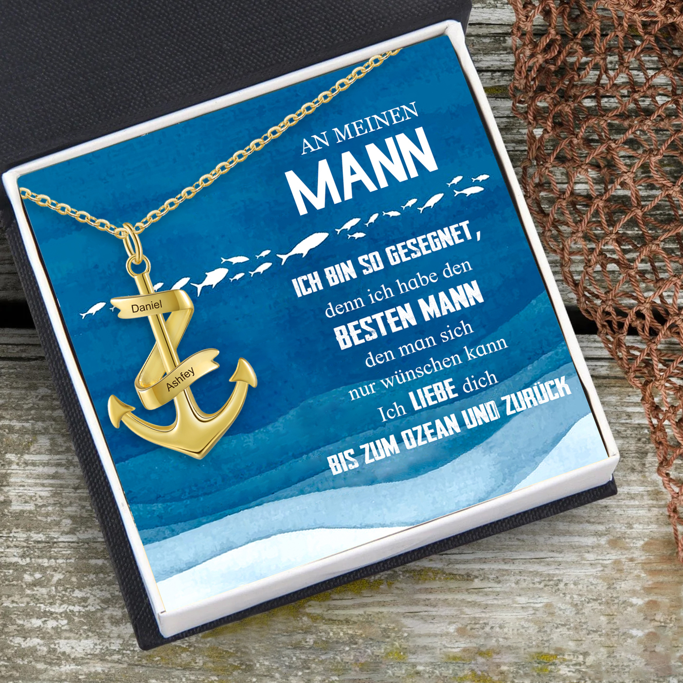 925 Sterling Silber Personalisierte 2 Namen Anker Halskette-Geschenk mit Meer Nachrichtenkarte