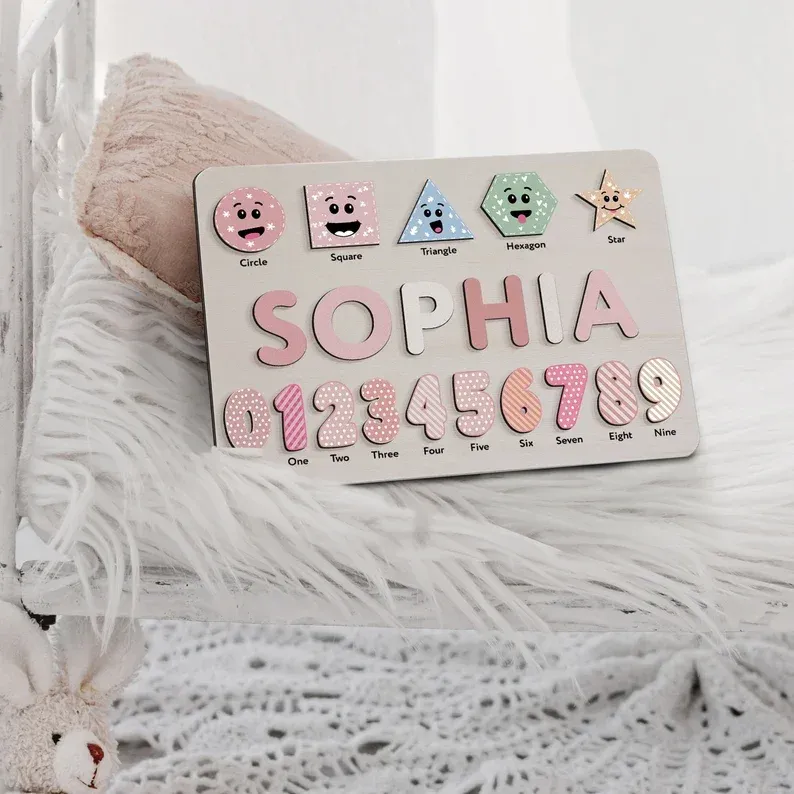 Personalisiertes Name Ziffer & Geometrie Holz Puzzle Geschenk für Vorschulkinder