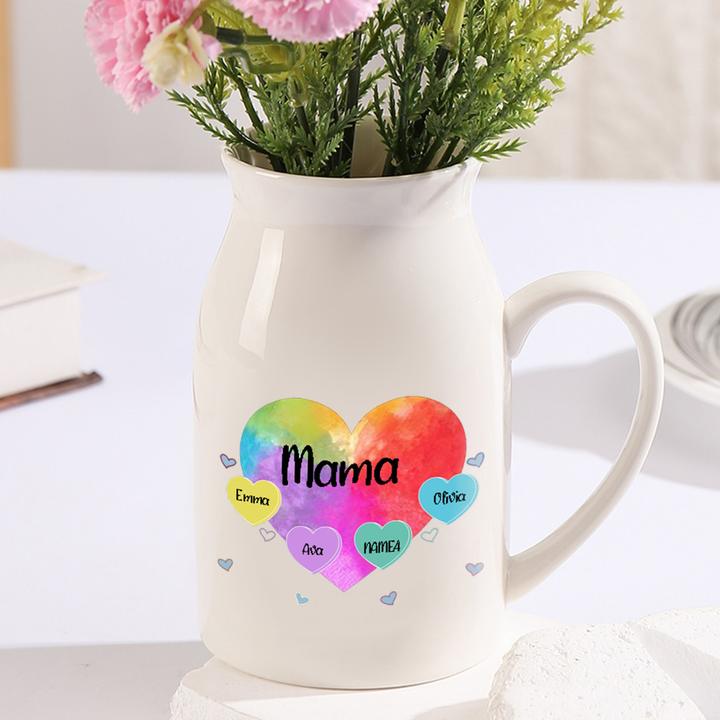 Personalisierte 4 Namen & Text Buntes Herz Familie Vase