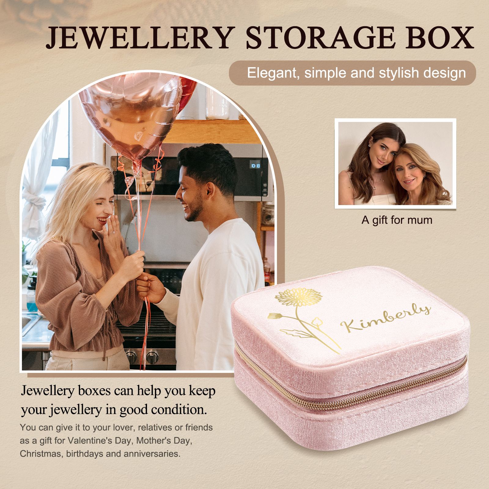 Personalisierbarer Name & Geburtsblume klein Velvet Schmuckaufbewahrung Schmuckzubehör Aufbewahrungsbox für Schmuck