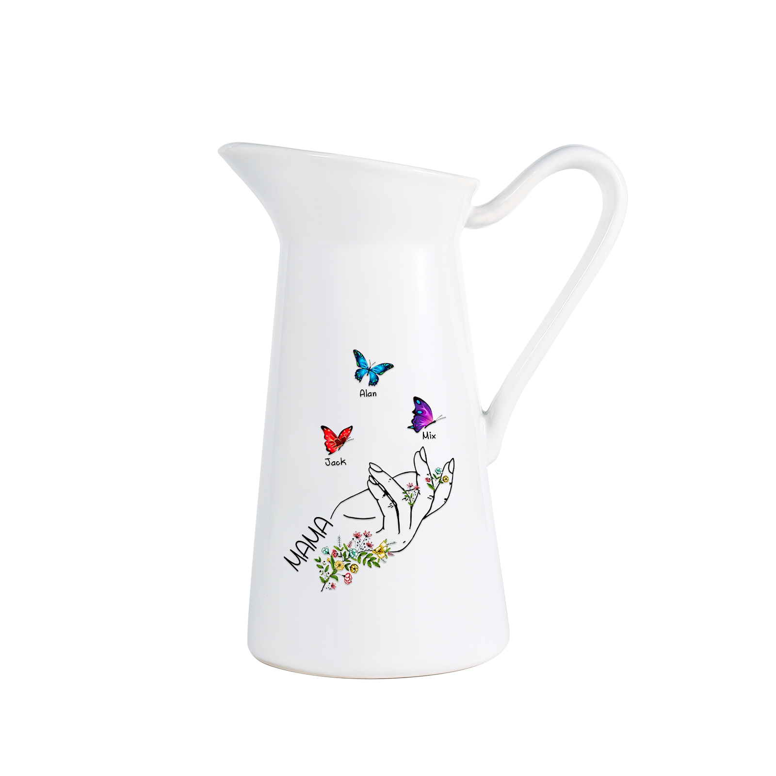 Personalisierte 3 Namen & Text Schmetterling in der Hand Gießvase mit Henkel Familie Vase