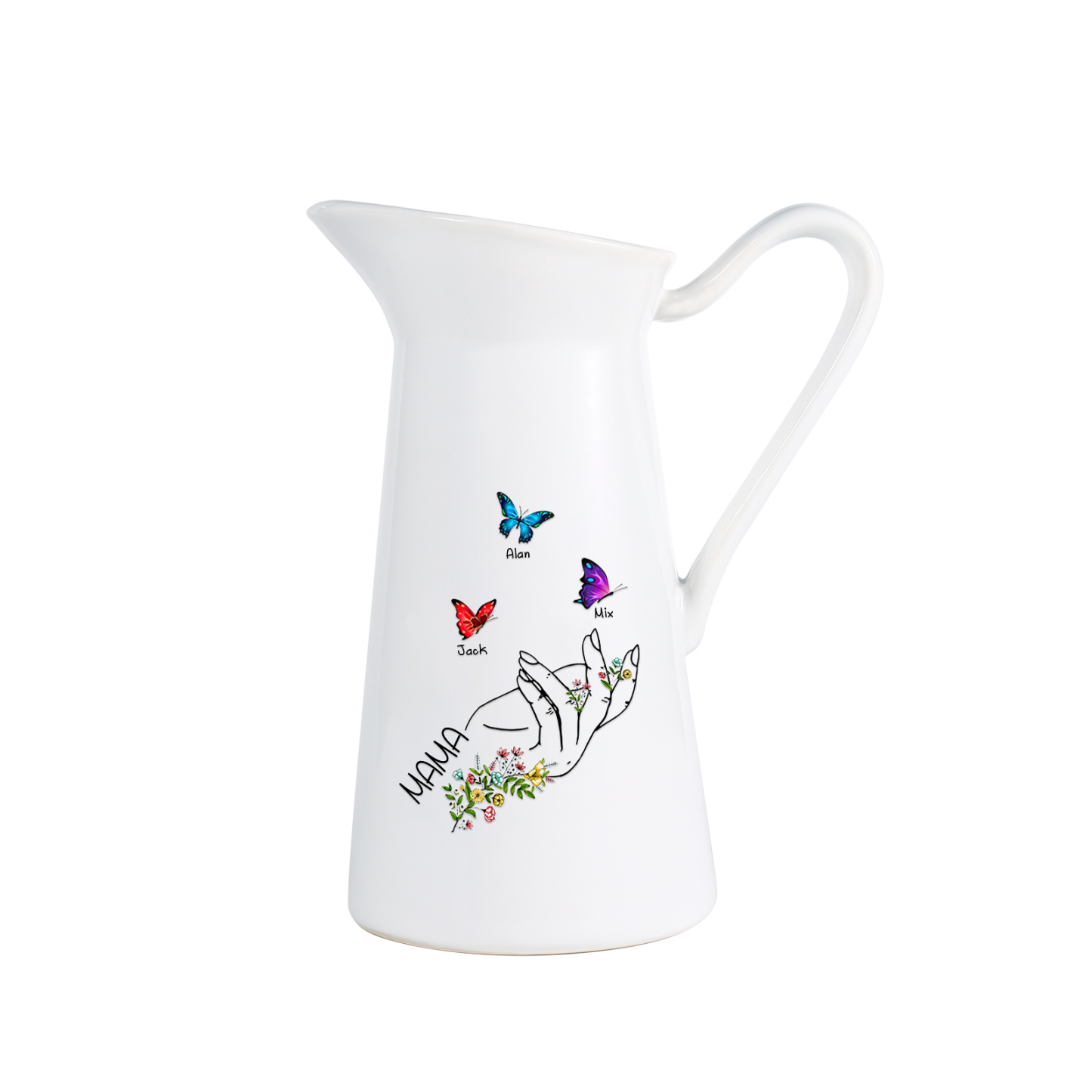 Personalisierte 3 Namen & Text Schmetterling in der Hand Gießvase mit Henkel Familie Vase