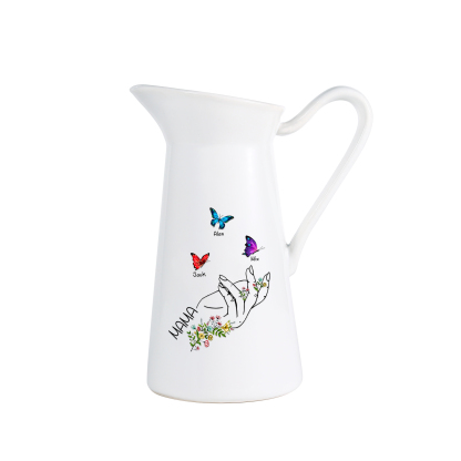 Personalisierte 3 Namen & Text Schmetterling in der Hand Gießvase mit Henkel Familie Vase
