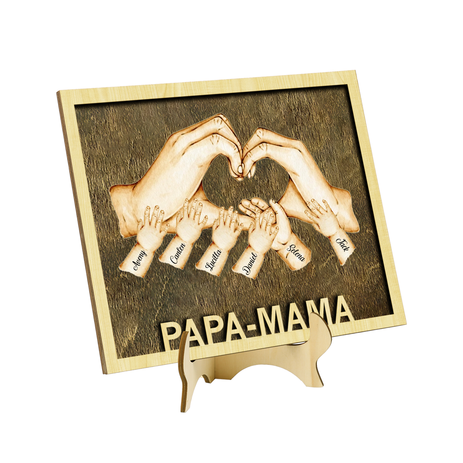 PAPA-MAMA Holz Deko-Personalisierbare 6 Namen Ornament Familie Hand in Hand Holzdekoration für Eltern