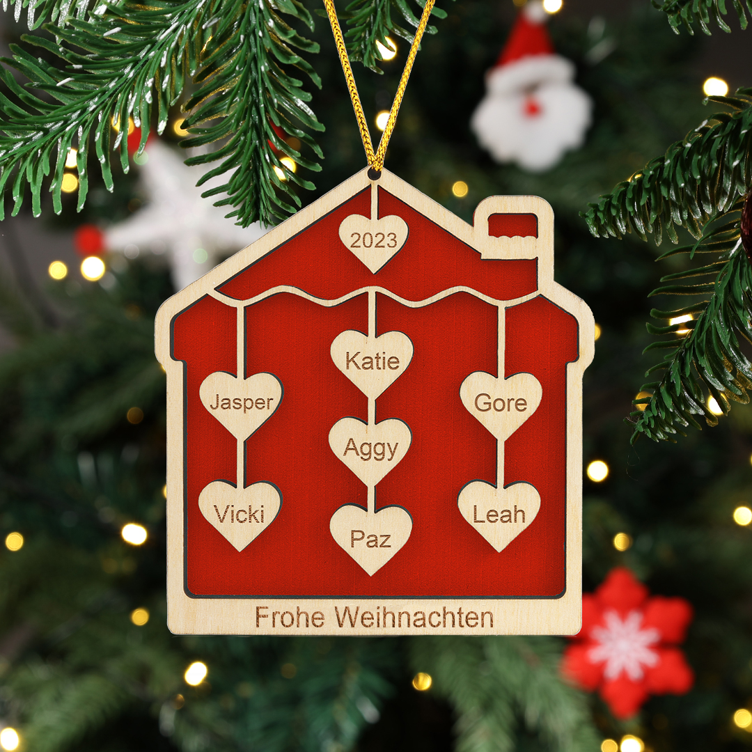 Holz Personalisierte 7 Namen & Text & Jahr Herz Hausform Weihnachtsornament 