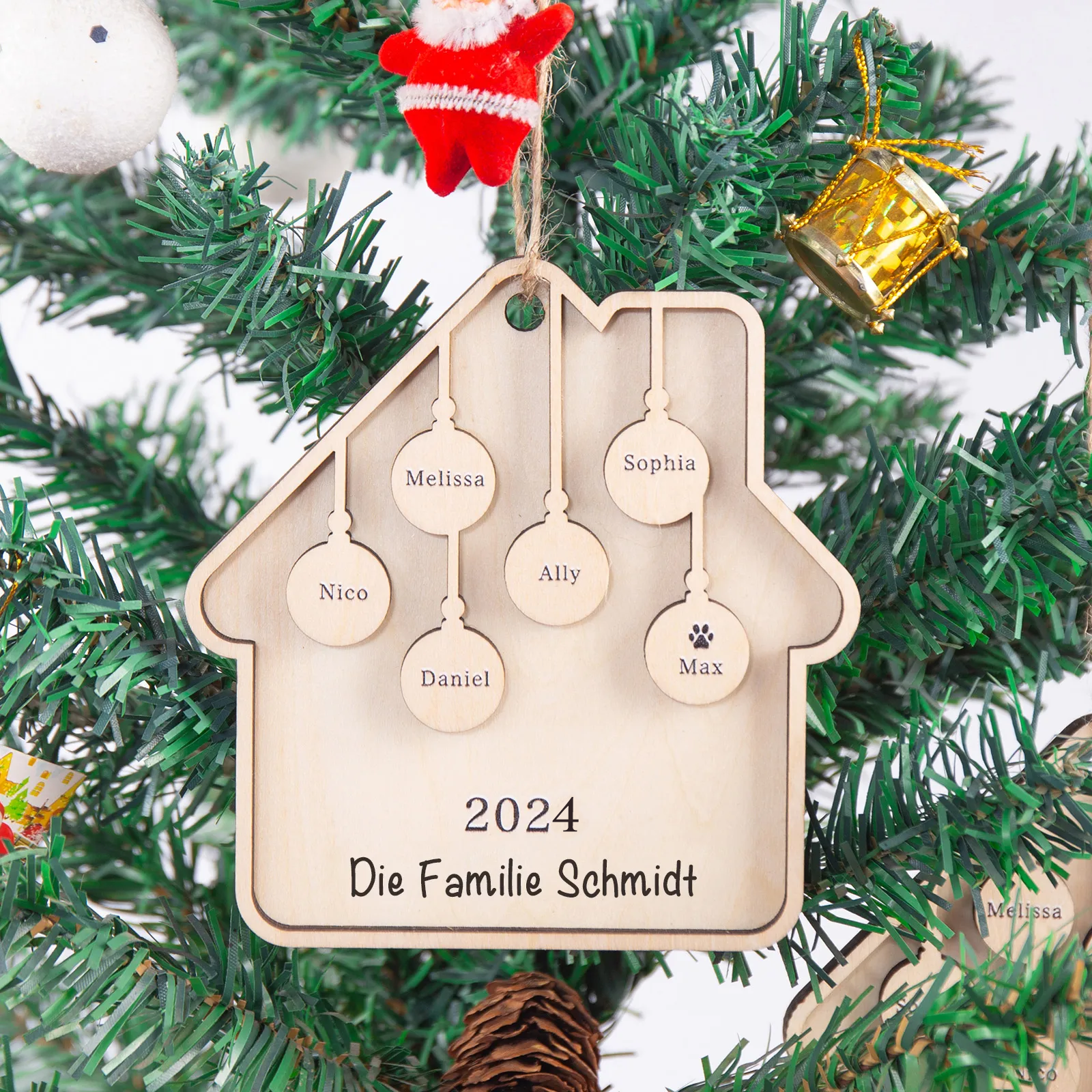 Holz Weihnachtsornament-Personalisiertes 6 Namen Text Jahr Haus Ornament Anhänger 