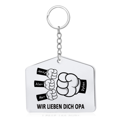 Personalisierbare 4 Namen & 1 Text Faust Acryl Schlüsselanhänger-Geschenk für Großvater/Vater
