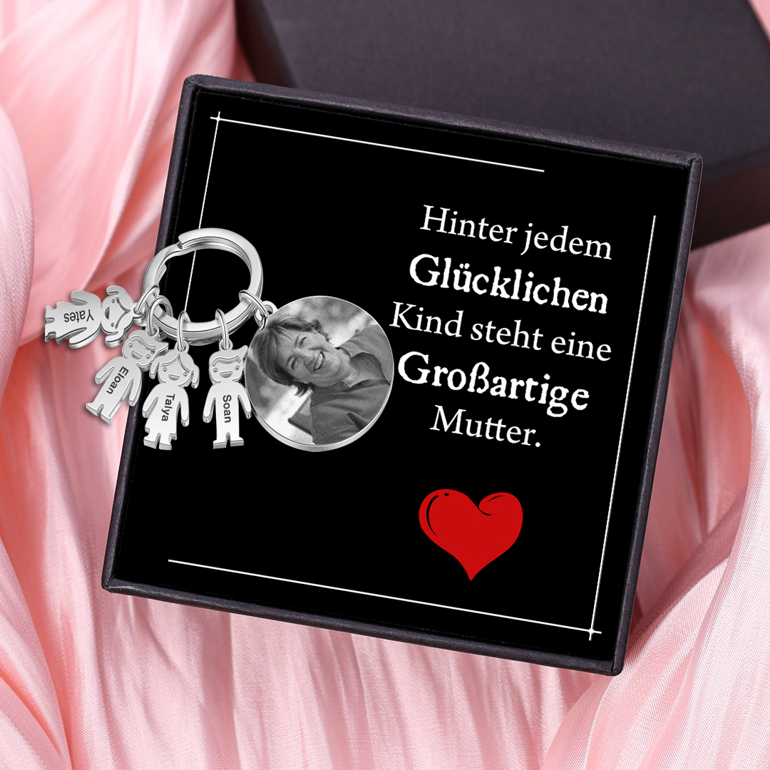 Personalisierter 4 Namen & 1 Foto & 1 Text Schlüsselanhänger-Hinter jedem Glücklichen Kind steht eine Großartige Mutter-Geschenk mit Nachrichtenkarte
