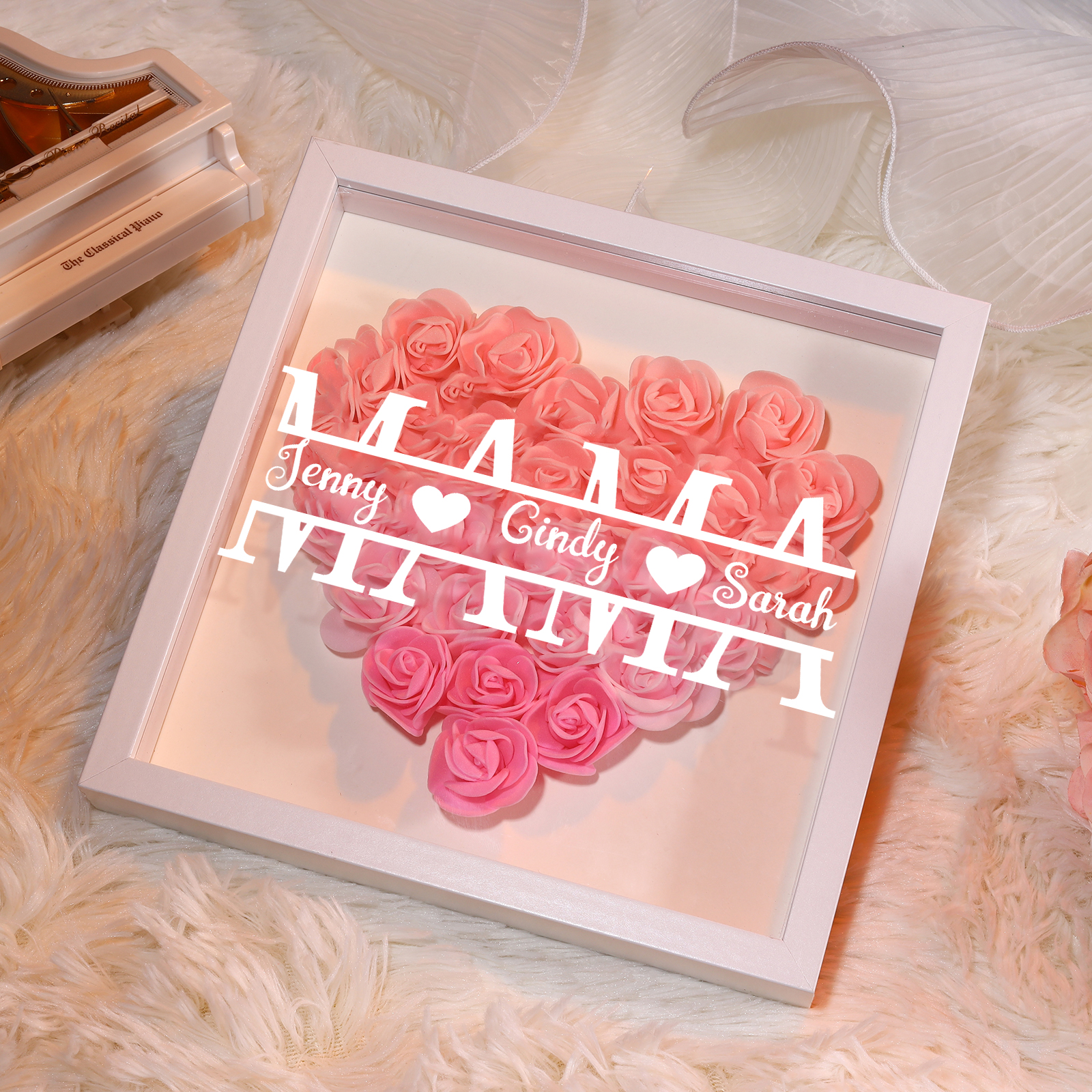 Mama Dichteplattenrahmen Deko-Personalisierbare 2 Namen Blume Ornament für Mutter